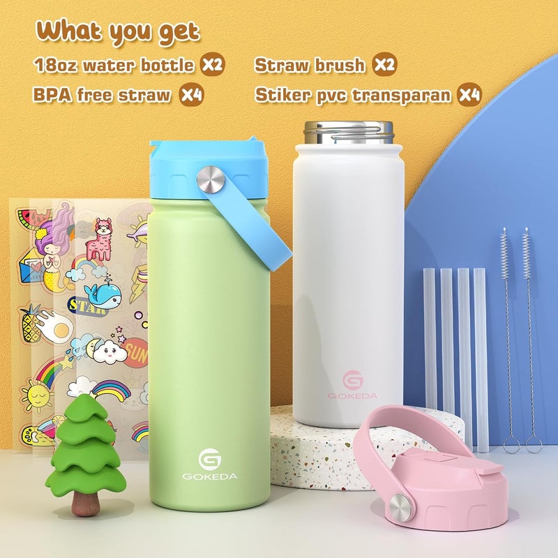 GOKEDA 18oz Kids Water Bottle, 2 Pack Insulated Bottles with Stickers, 18/8 Stainless Steel Vacuum Leak Proof Straw Cup for School, Gifts for Boys Girls(White+Green) - Image 3